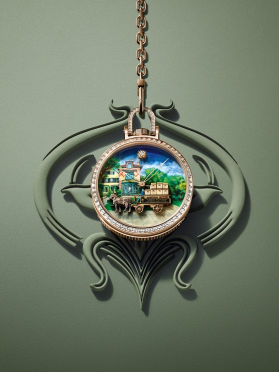 Historique Escale à Asnières en or rose et diamants, cadran en émail, mouvement à remontage manuel. Prix sur demande © Louis Vuitton