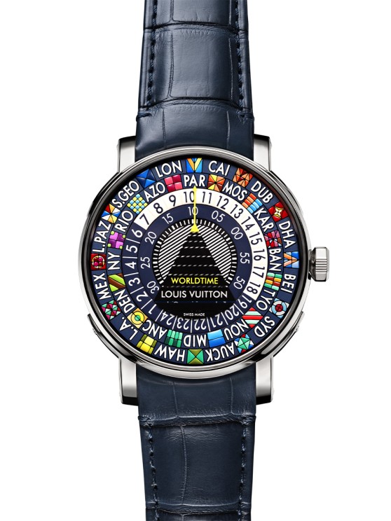 Universelle Escale Worldtime en titane et or blanc, cadran peint à la main, 41mm de diamètre, bracelet en cuir, mouvement automatique. CHF 55’000.- © Louis Vuitton