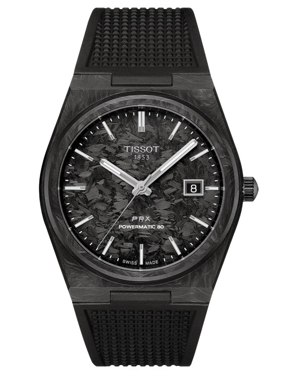 PRX Powermatic 80 en carbone forgé, 40 mm de diamètre, mouvement automatique avec date par guichet, bracelet en caoutchouc © Tissot