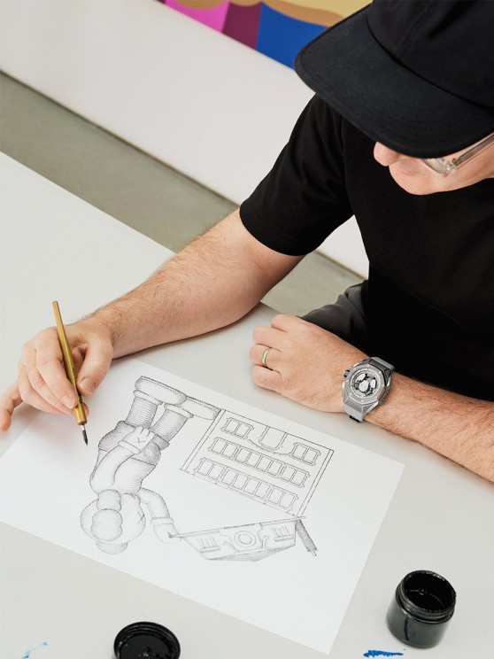 Brian Donnelly drawing KAWS wearing his Calf skin bracelet on the Royal Oak Concept Tourbillon “COMPANION” © Audemars Piguet